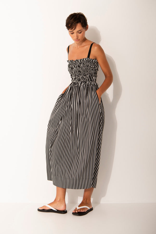 Luxe Cupro Smock Bodice Stripe Strappy Midi Dress Mykonos Blk/Wht