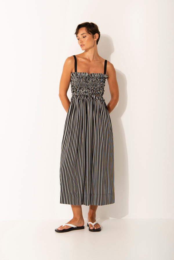 Luxe Cupro Smock Bodice Stripe Strappy Midi Dress Mykonos Blk/Wht