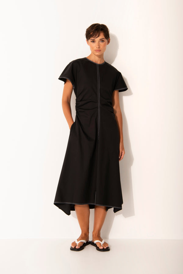Crisp Cotton Stretch Cap Sleeve Gathered Waist Dress Chios Blk/Wht