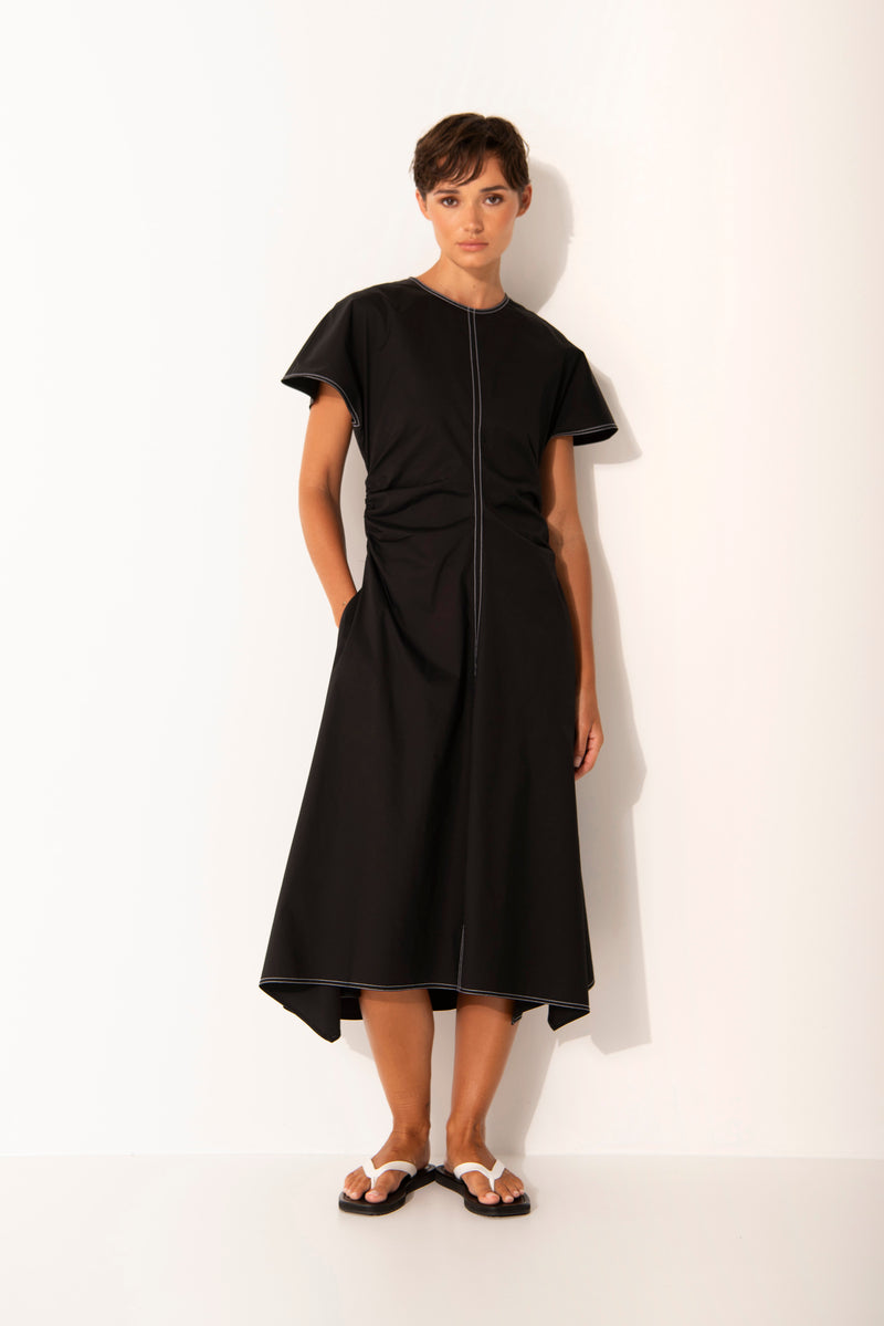 Crisp Cotton Stretch Cap Sleeve Gathered Waist Dress Chios Blk/Wht