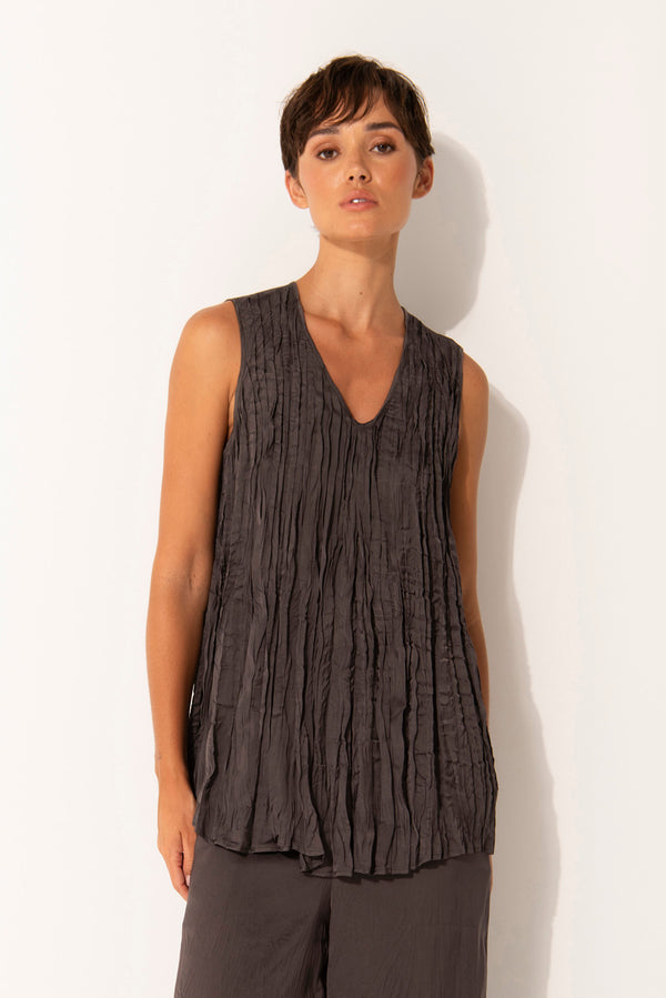 Crinkle Airflow V.Neck Sleeveless Swing Tunic Mocha