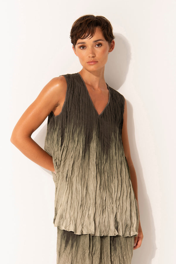 Crinkle V.Neck Sleeveless Swing Tunic Earth