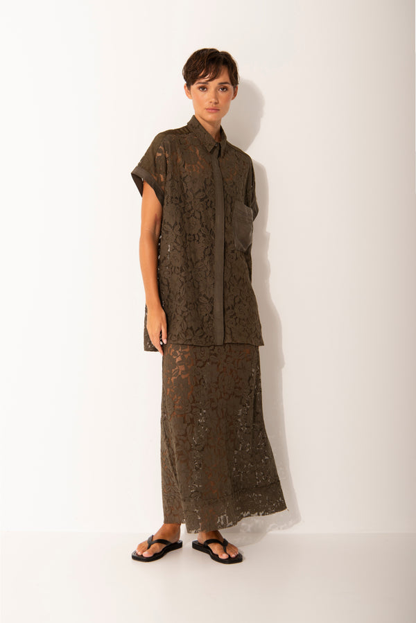 Cotton Lace Relaxed Fit Short Sleeve Shirt Zermat Moss
