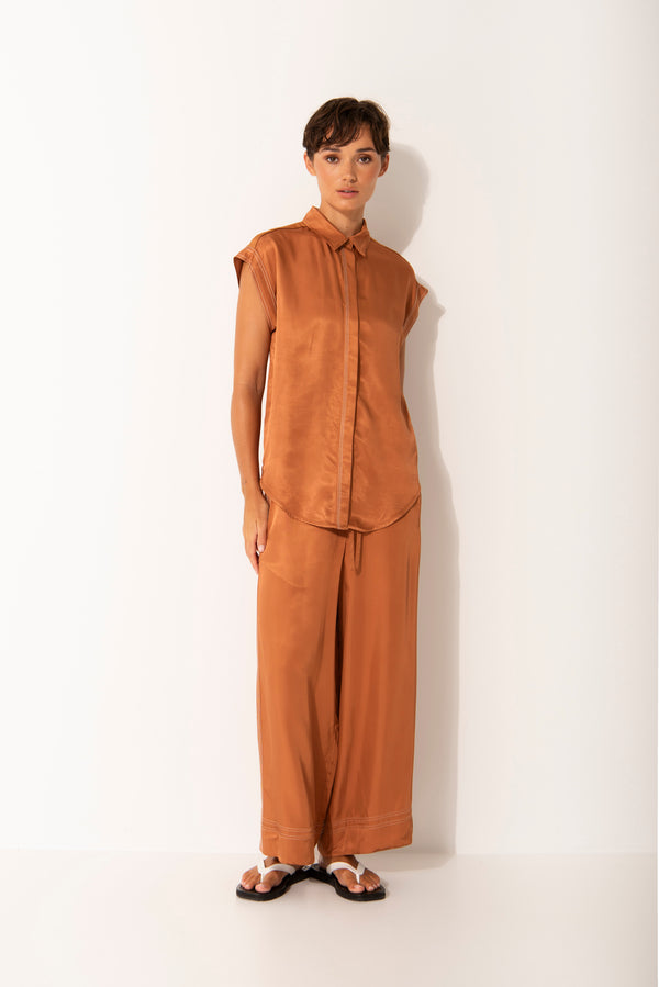 Twill Viscose Curved Hem Cap Sleeve Shirt Levanzo Rust