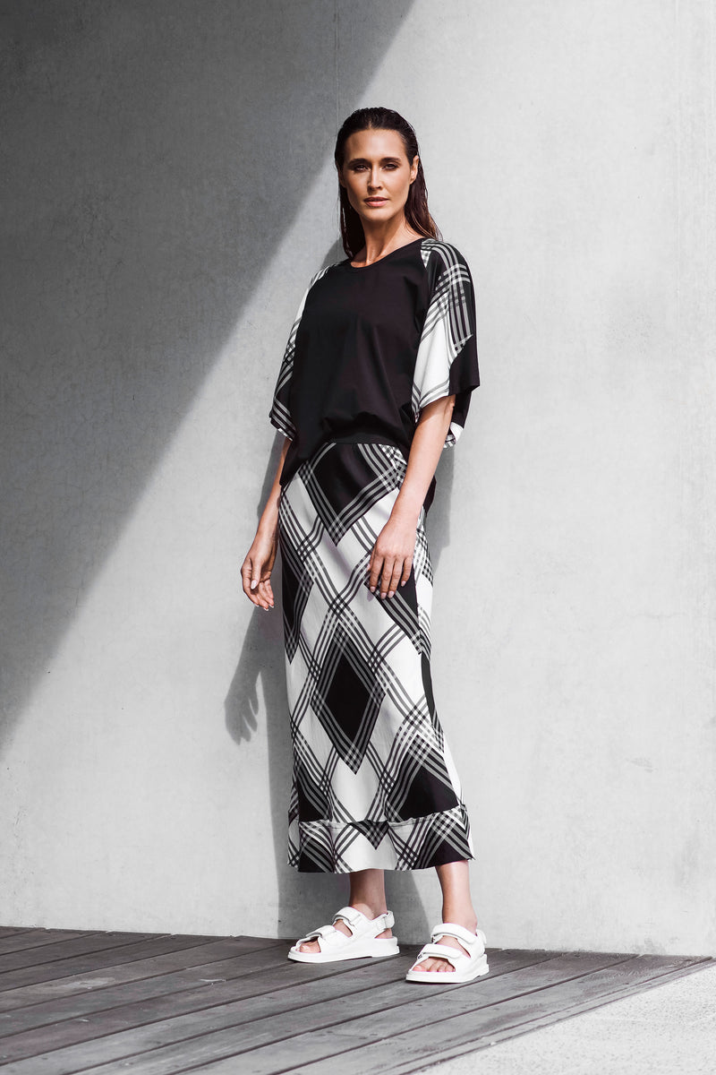 Luxe Stretch Cupro Relaxed A.Line Skirt Maia Check Print LAST ONE