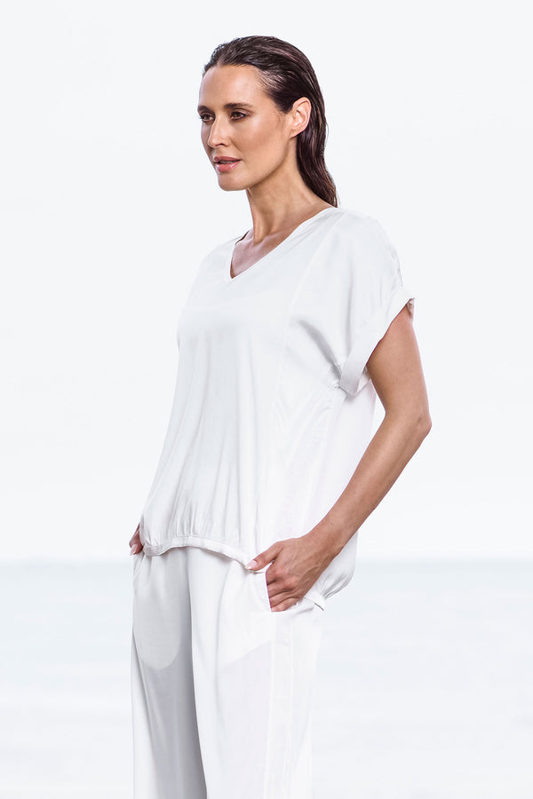Relaxed Fit V.Neck Pima Cotton & Twill T.Top Savoca