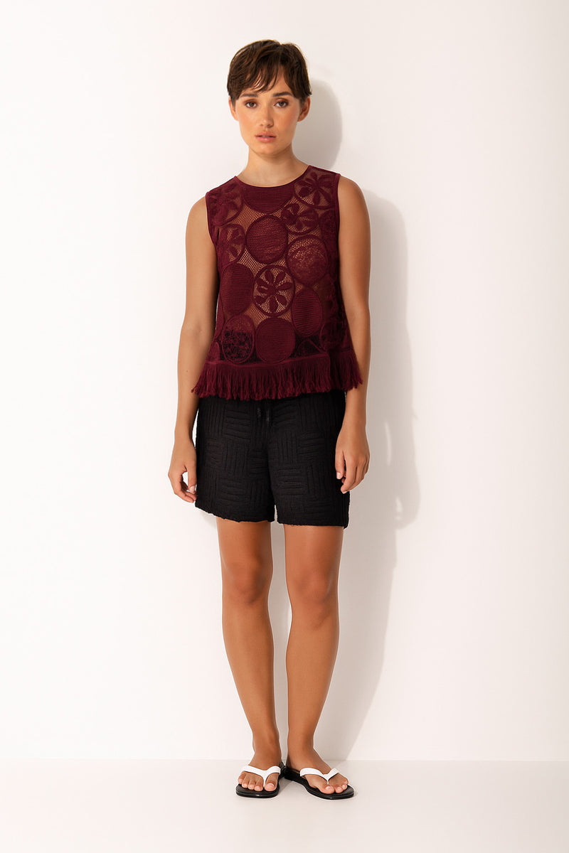 Cotton Blend Fringe Hem Sleeveless Resort Top Bahamas Merlot