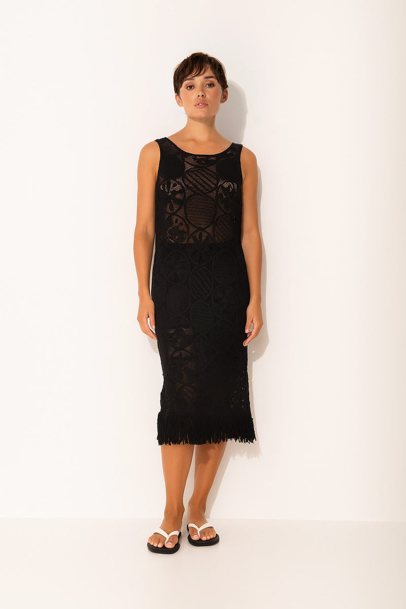 Cotton Blend Fringe Hem Sleeveless Resort Dress Aruba Black