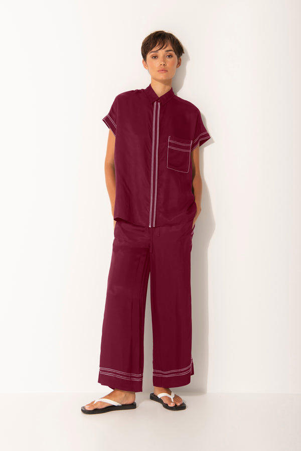 Twill Viscose Relaxed Full Length Pant Meribel Cherry/Wht
