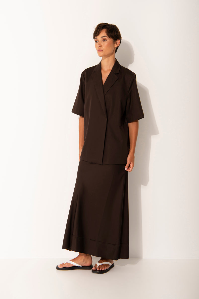 Luxe Cupro Stretch Single Breasted Short Sleeve Jacket Santorini Espresso