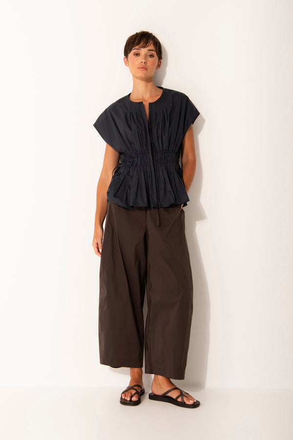 Stretch Cotton Pleated Detail Sleeveless Drawstring Waisted Top Ibiza Sea