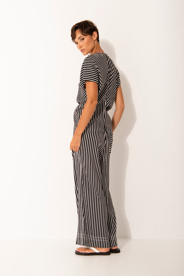 Luxe Cupro Round Neck Striped Cap Sleeve Top Elba Blk/Wht