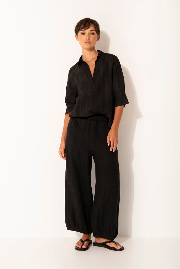 Linen Blend Collared Bubble Sleeve Top Vis Black