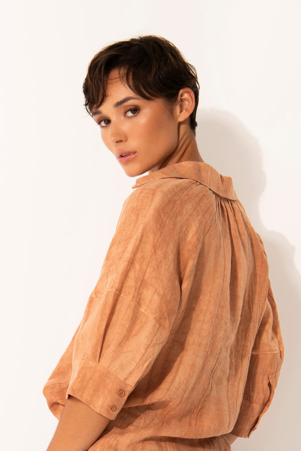 Linen Blend Collared Bubble Sleeve Top Vis Rust