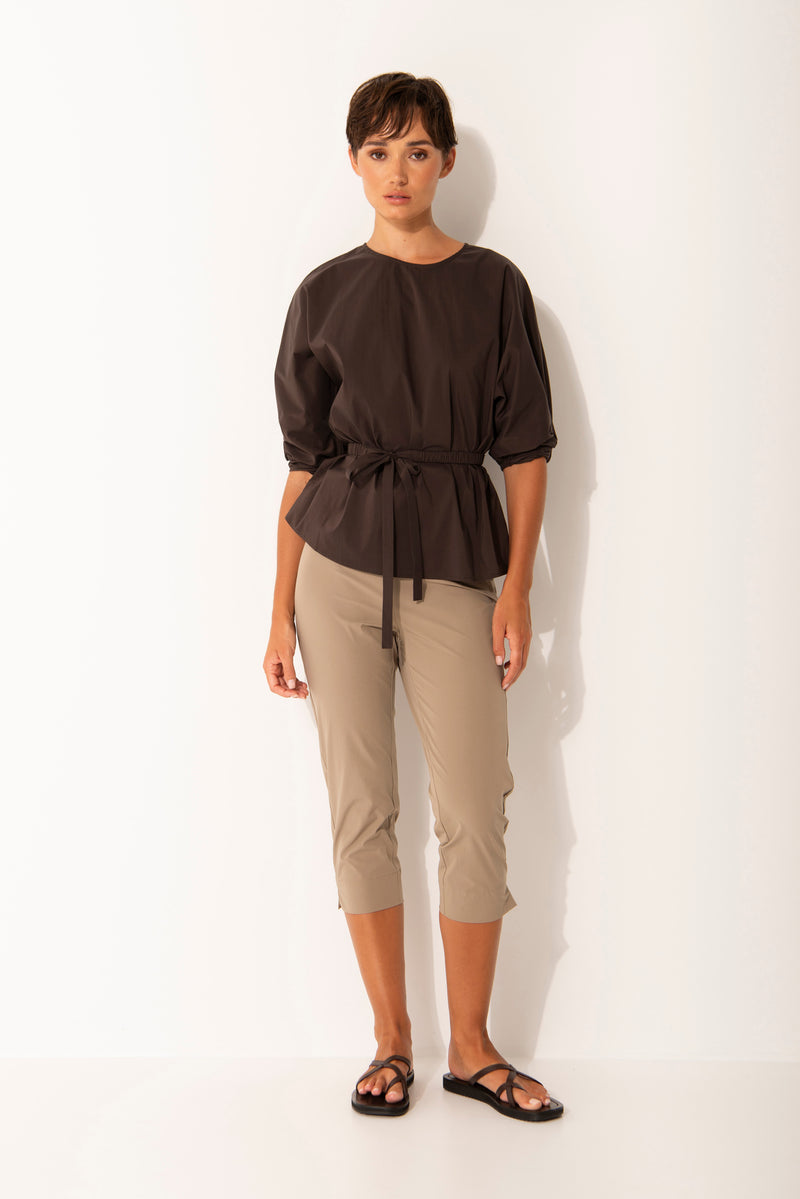 Stretch Cotton Round Neck Gathered 3/4 Sleeve Belted Top Kos Espresso