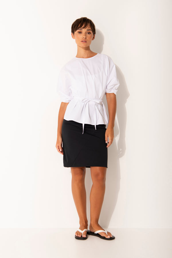 Stretch Cotton Round Neck Gathered 3/4 Sleeve Belted Top Kos White