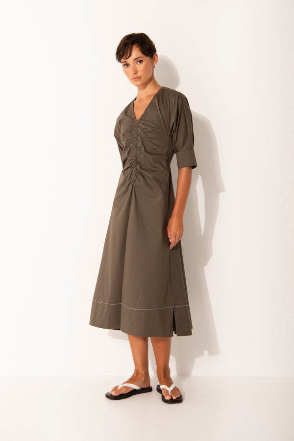 Cotton Stretch Cap Sleeve Gathered Waist Dress Chios Moss/Wht