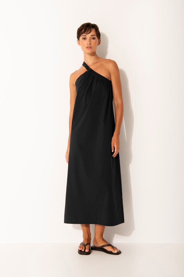 Cotton Stretch One Shoulder A.Line Maxi Dress Etna Black