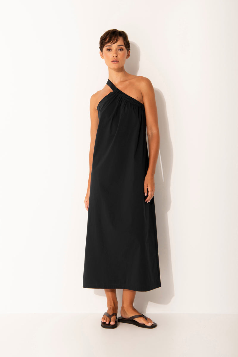 Cotton Stretch One Shoulder A.Line Maxi Dress Etna Black