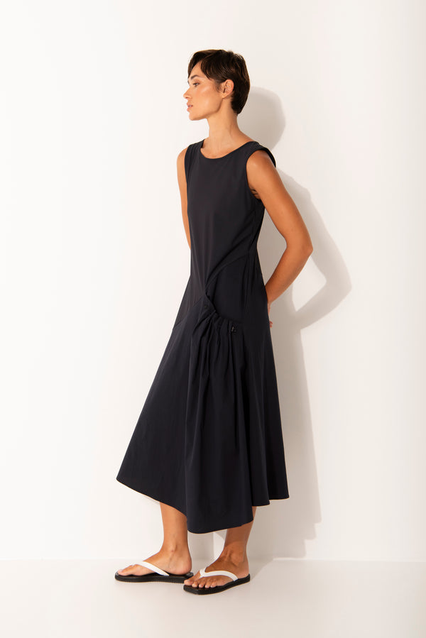 Tech Stretch A.Line Pocket Detail Sleeveless Midi Dress Ques Sea