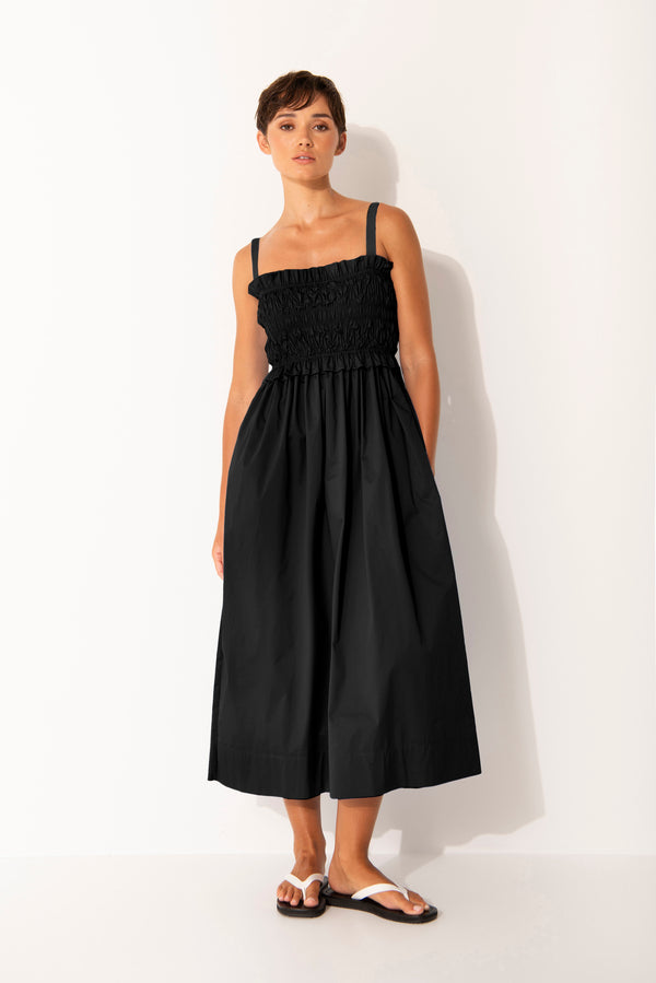 Stretch Cotton Smock Bodice Strappy Midi Dress Mykonos Black