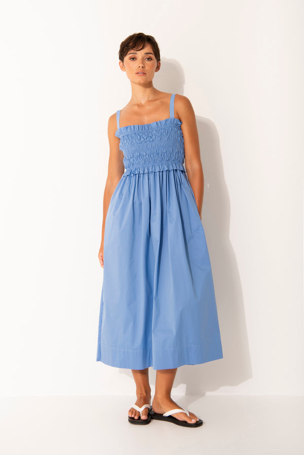 Stretch Cotton Smock Bodice Strappy Midi Dress Mykonos Mineral