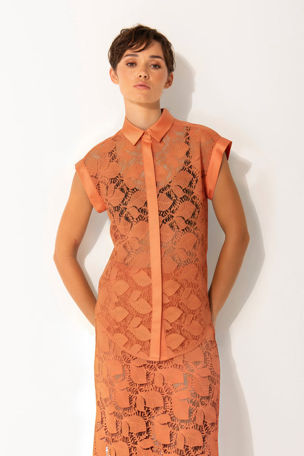 Luxe Lace Curved Hem Cap Sleeve Shirt Levanzo Rust