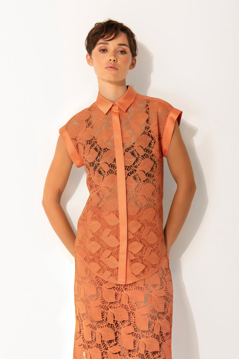 Luxe Lace Curved Hem Cap Sleeve Shirt Levanzo Rust